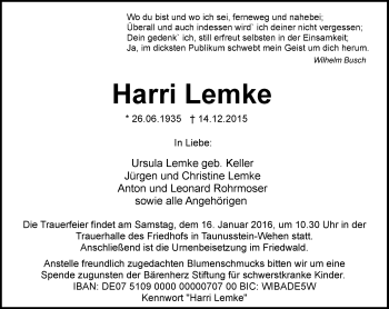 Traueranzeige von Harri Lemke von  WK-UTA/Aar-Bote