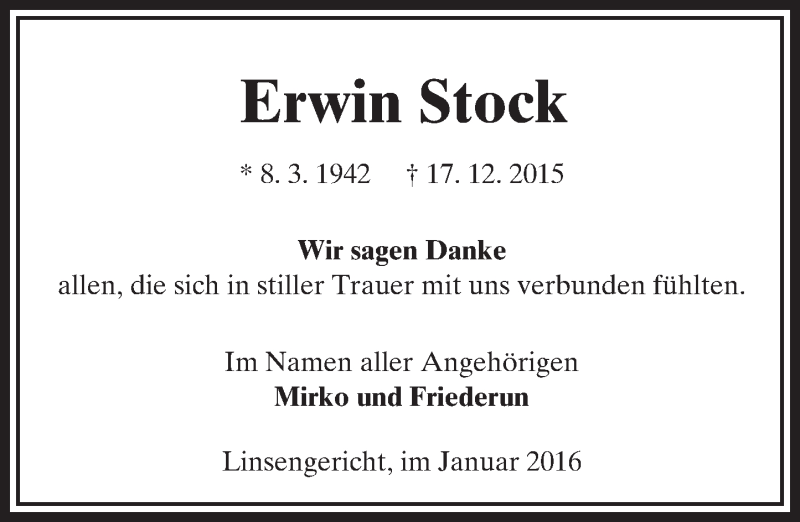  Traueranzeige für Erwin Stock vom 28.01.2016 aus  GT am Sonntag