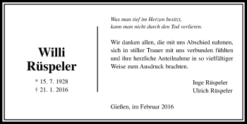 Traueranzeige von Willi Rüspeler von  Gießener Anzeiger