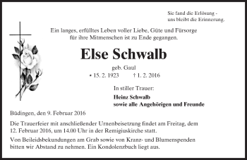 Traueranzeige von Else Schwalb von  Kreisanzeiger