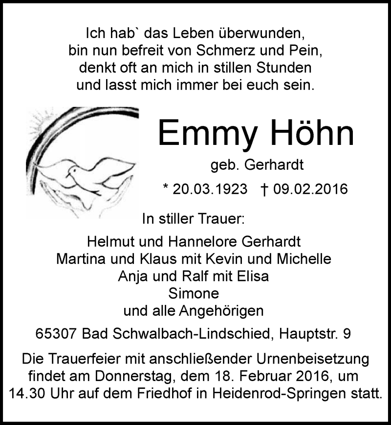  Traueranzeige für Emmy Höhn vom 13.02.2016 aus  WK-UTA/Aar-Bote