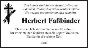 Traueranzeige von Herbert Faßbinder von  Kreisanzeiger