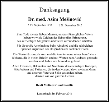 Traueranzeige von Asim Mesinovic von  OK Oberhessen Kurier