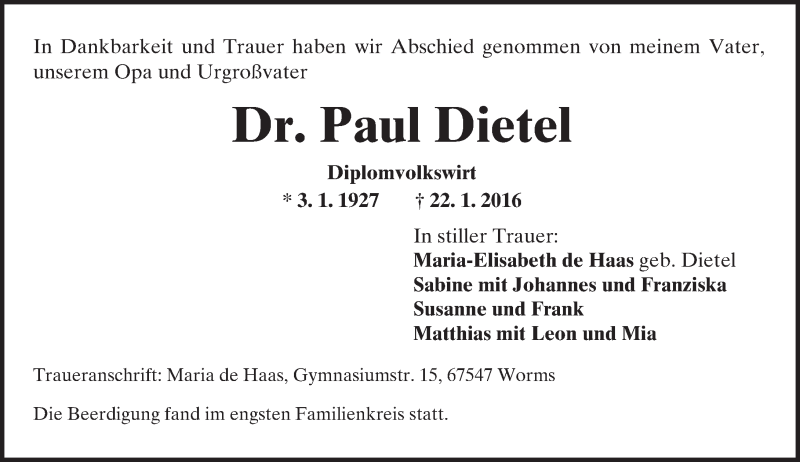  Traueranzeige für Paul Dietel vom 12.02.2016 aus  Wormser Zeitung