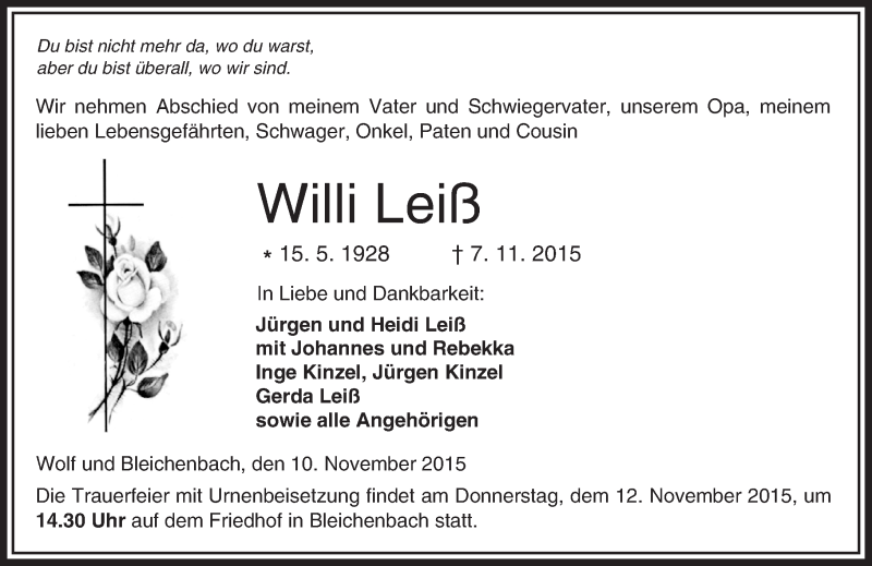  Traueranzeige für Willi Leiß vom 10.11.2015 aus  Kreisanzeiger