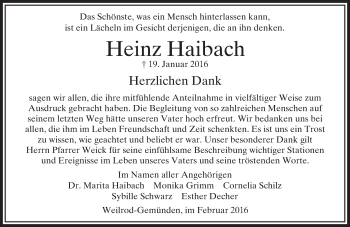 Traueranzeige von Heinz Haibach von  Usinger Anzeiger