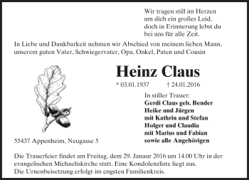 Traueranzeige von Heinz Claus von  Allgemeine  Zeitung Ingelheim-Bingen