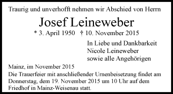 Traueranzeige von Josef Leineweber von  Allgemeine Zeitung Mainz