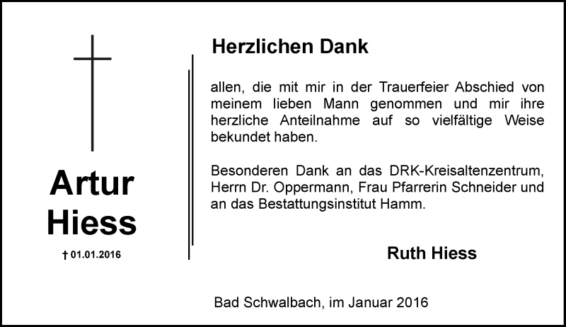  Traueranzeige für Artur Hiess vom 23.01.2016 aus  WK-UTA/Aar-Bote