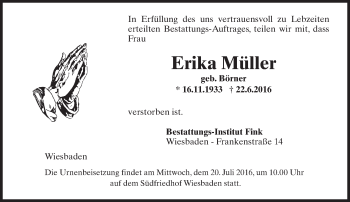 Traueranzeige von Erika Müller von Trauerportal Rhein Main Presse