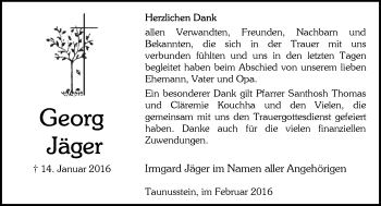 Traueranzeige von Georg Jäger von  WK-UTA/Aar-Bote