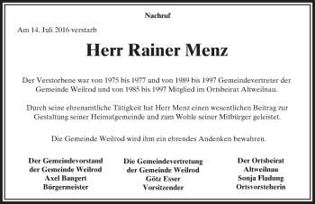 Traueranzeige von Rainer Menz von  Usinger Anzeiger