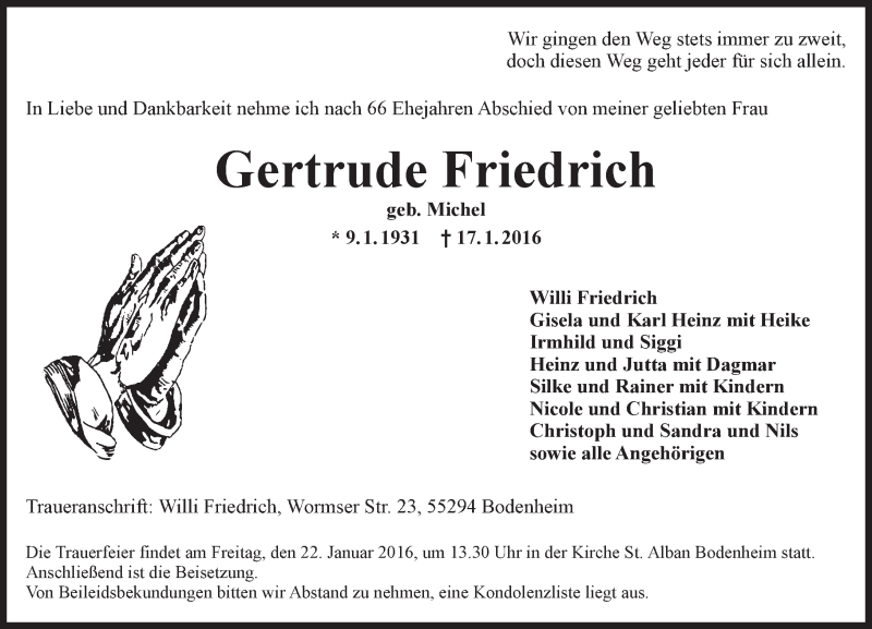  Traueranzeige für Gertrude Friedrich vom 20.01.2016 aus  Allgemeine Zeitung Mainz