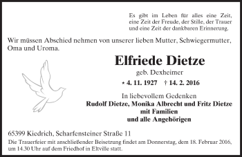 Traueranzeige von Elfriede Dietze von  Rheingau
