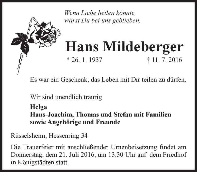  Traueranzeige für Hans Mildeberger vom 16.07.2016 aus Trauerportal Rhein Main Presse