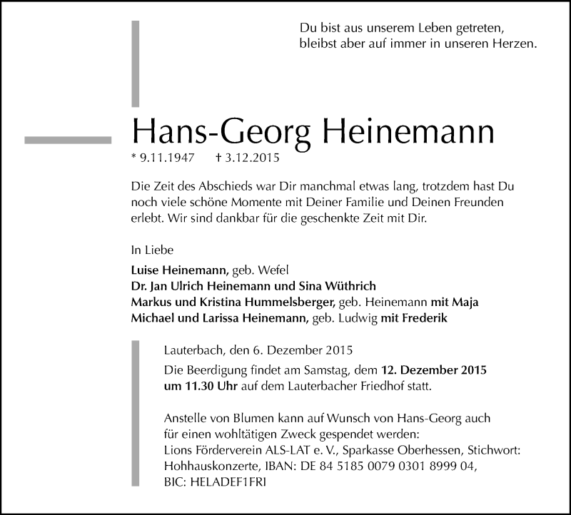  Traueranzeige für Hans-Georg Heinemann vom 07.12.2015 aus VRM Trauer