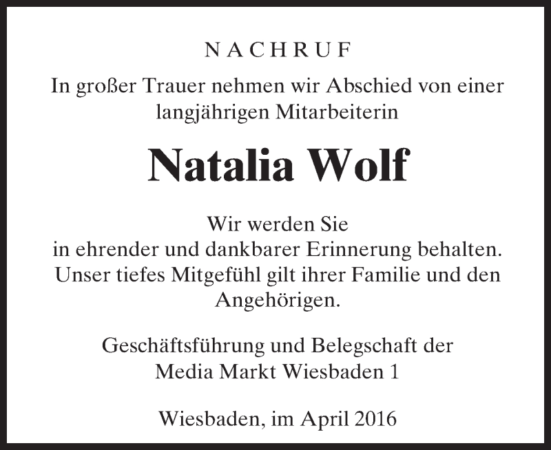  Traueranzeige für Natalia Wolf vom 23.04.2016 aus trauer.rmp.de