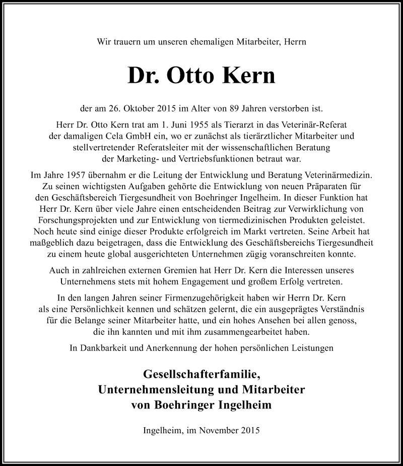  Traueranzeige für Otto Kern vom 10.11.2015 aus  Allgemeine  Zeitung Ingelheim-Bingen