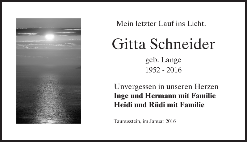  Traueranzeige für Gitta Schneider vom 16.01.2016 aus  Wiesbaden komplett
