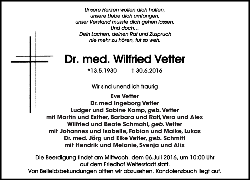  Traueranzeige für Wilfried Vetter vom 02.07.2016 aus Trauerportal Echo Online