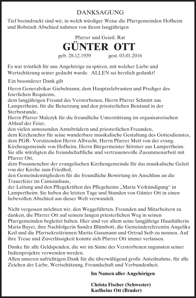  Traueranzeige für Günter Ott vom 30.01.2016 aus  Bürstädter Zeitung