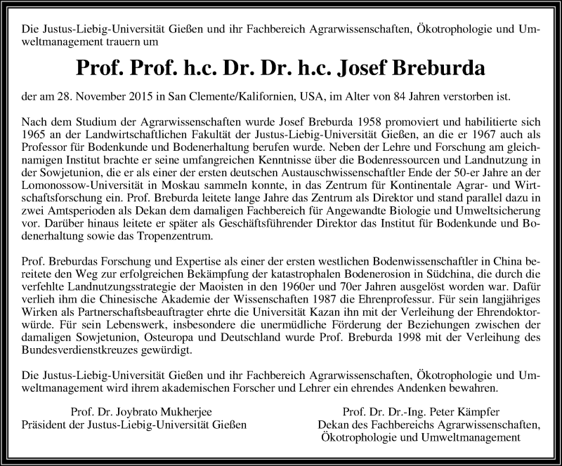  Traueranzeige für Josef Breburda vom 12.12.2015 aus  Gießener Anzeiger