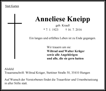 Traueranzeige von Anneliese Kneipp von VRM Trauer