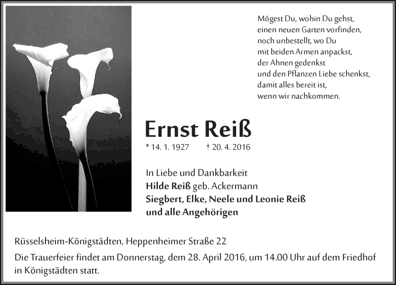  Traueranzeige für Ernst Reiß vom 23.04.2016 aus trauer.echo-online.de