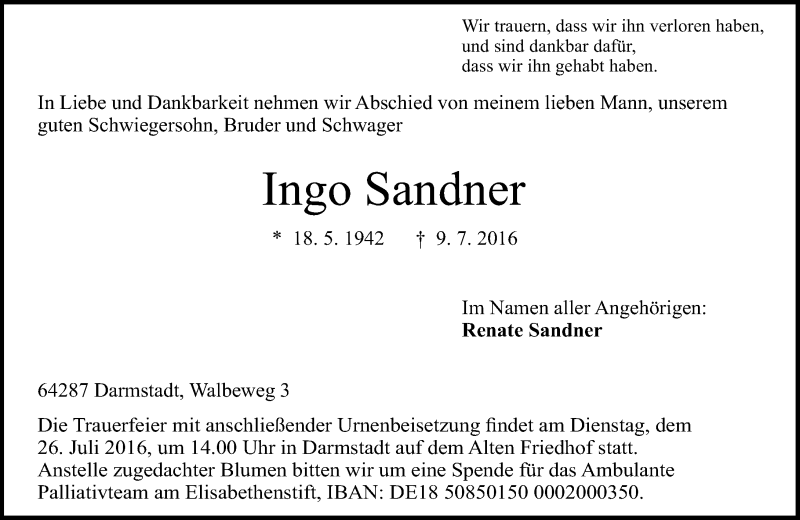  Traueranzeige für Ingo Sandner vom 16.07.2016 aus Trauerportal Echo Online