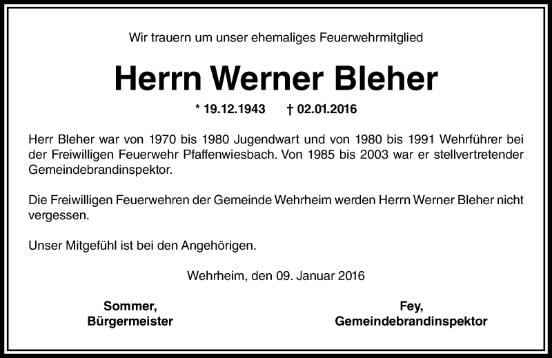  Traueranzeige für Werner Bleher vom 09.01.2016 aus  Usinger Anzeiger