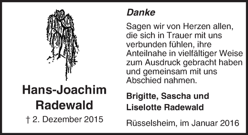  Traueranzeige für Hans-Joachim Radewald vom 23.01.2016 aus  Mainspitze
