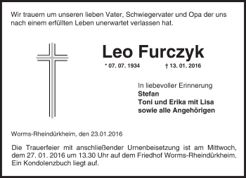 Traueranzeige von Leo Furczyk von  Wormser Zeitung