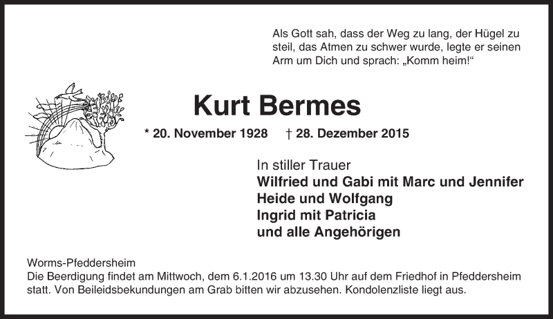  Traueranzeige für Kurt Bernres vom 02.01.2016 aus  Wormser Zeitung
