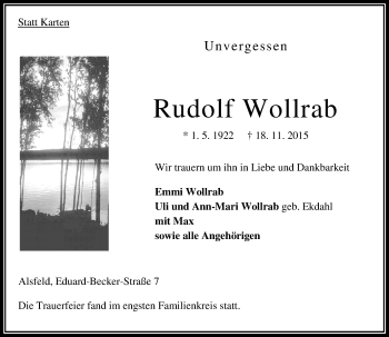 Traueranzeige von Rudolf Wollrab von VRM Trauer
