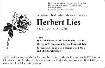 Traueranzeige von Herbert Lies von Trauerportal Echo Online