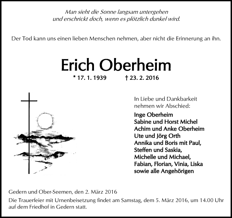  Traueranzeige für Erich Oberheim vom 02.03.2016 aus  Kreisanzeiger