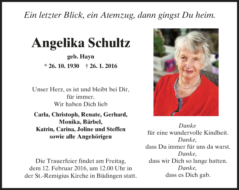  Traueranzeige für Angelika Schultz vom 06.02.2016 aus  Kreisanzeiger