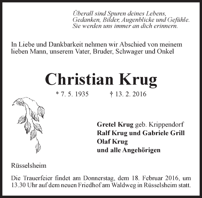  Traueranzeige für Christian Krug vom 16.02.2016 aus trauer.echo-online.de