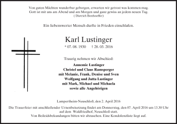 Traueranzeige von Karl Lustinger von  Bürstädter Zeitung