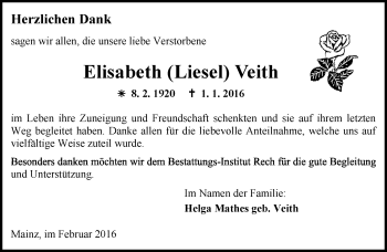 Traueranzeige von Elisabeth Veith von  Allgemeine Zeitung Mainz