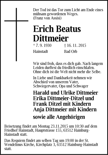 Traueranzeige von Erich Beatus Dittmeier von  GT am Sonntag