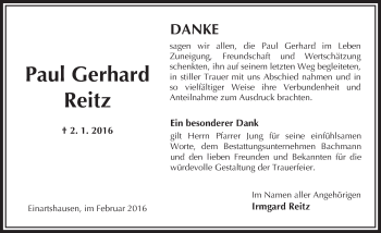 Traueranzeige von Paul Gerhard Reitz von  Sonntags Anzeiger