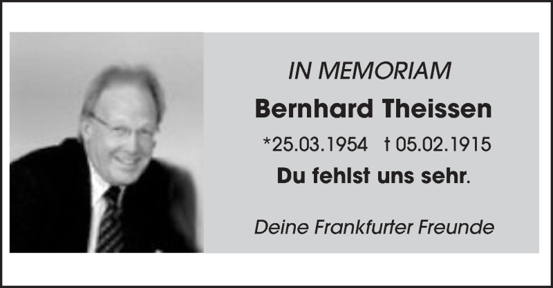  Traueranzeige für Bernhard Theissen vom 12.02.2016 aus  Hofheimer Zeitung