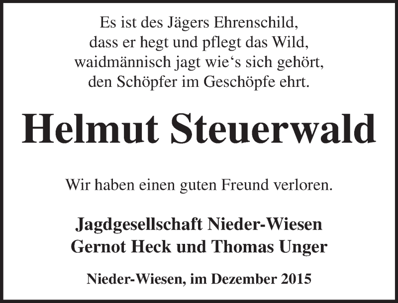  Traueranzeige für Helmut Steuerwald vom 01.12.2015 aus  Allgemeine Zeitung Alzey