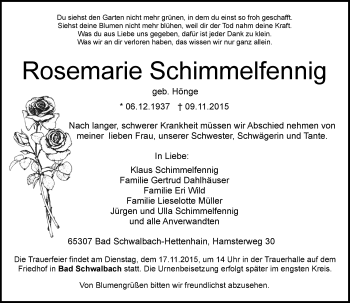 Traueranzeige von Rosemarie Schimmelfennig von  Wiesbaden komplett
