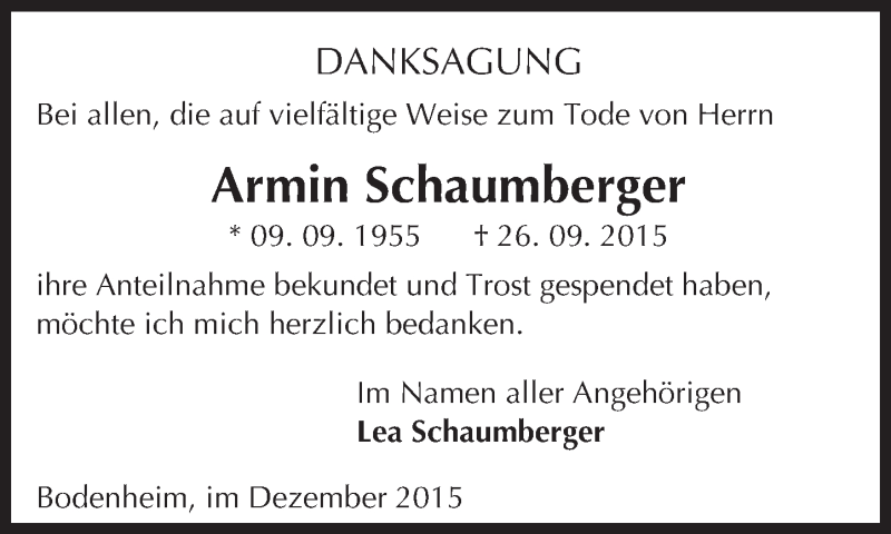  Traueranzeige für Armin Schaumberger vom 05.12.2015 aus  Allgemeine Zeitung Mainz