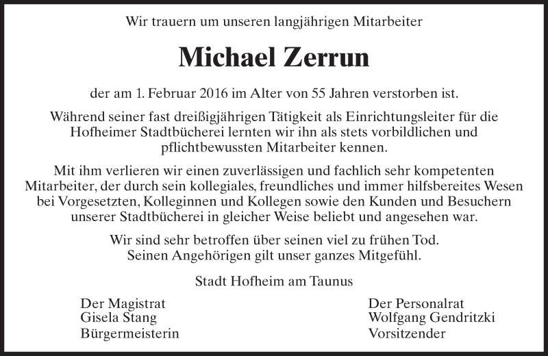  Traueranzeige für Michael Zerrun vom 05.02.2016 aus  Hofheimer Zeitung