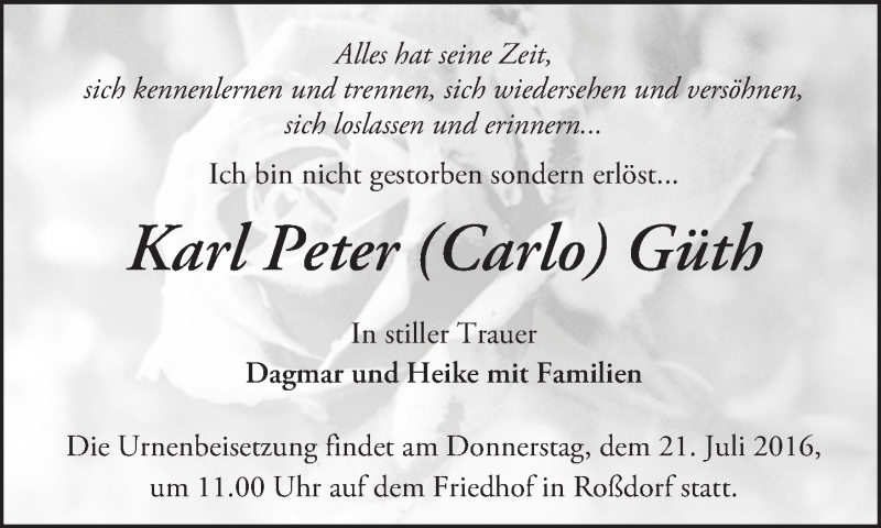  Traueranzeige für Karl Peter  Güth vom 16.07.2016 aus  Kreisanzeiger
