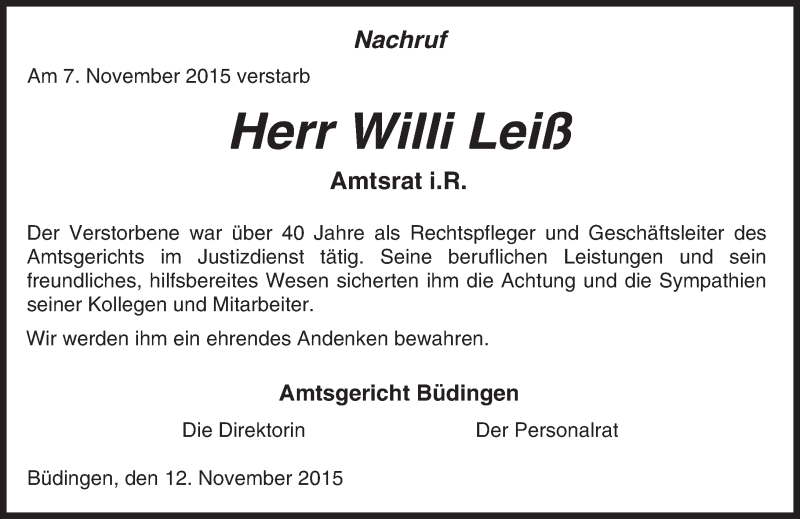  Traueranzeige für Willi Leiß vom 12.11.2015 aus  Kreisanzeiger