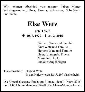 Traueranzeige von Else Wetz von  Allgemeine Zeitung Mainz